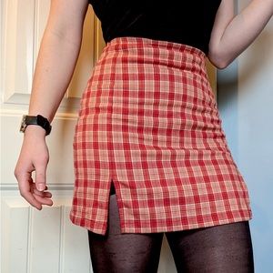 Brandy Melville Red and Orange Plaid Skirt with Thigh Slit